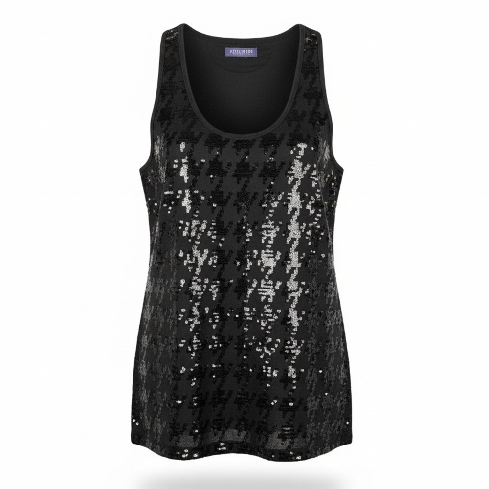 Vivienne Tam Black Sequin Houndstooth Tank Top Sparkle Party Holiday Unk‎ Size